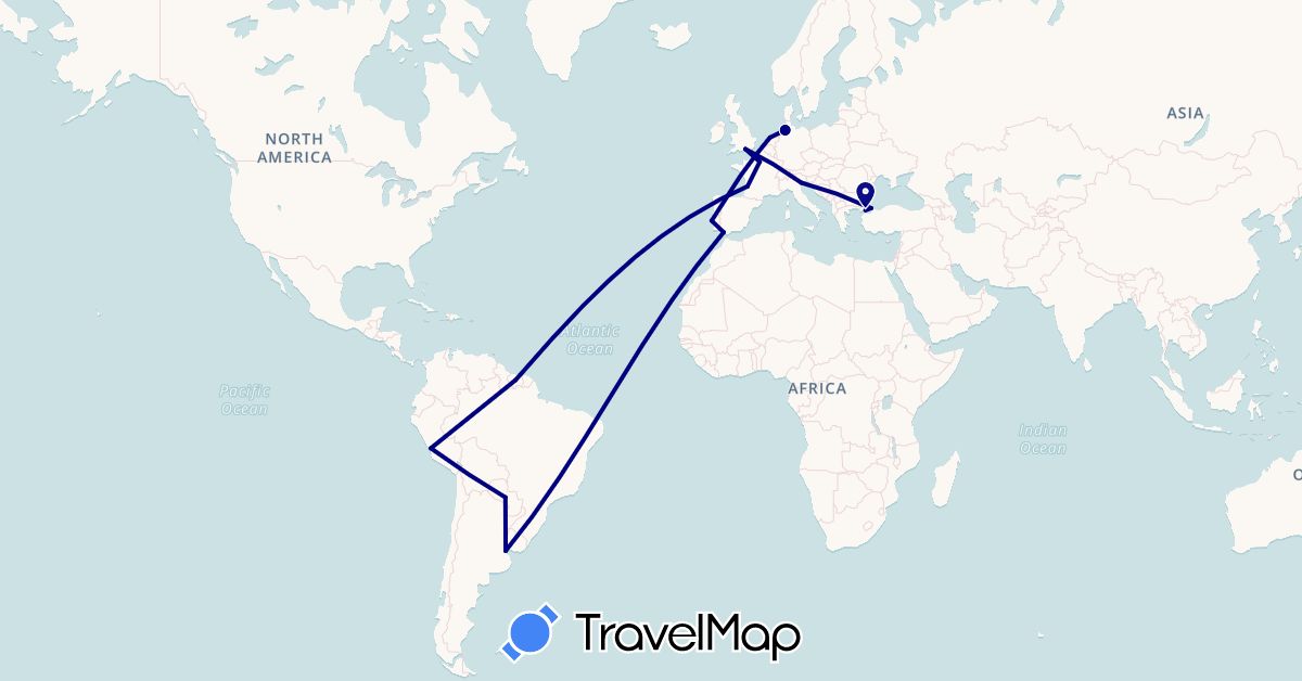 TravelMap itinerary: driving in Argentina, Germany, Spain, France, United Kingdom, Italy, Netherlands, Peru, Portugal, Paraguay, Suriname, Turkey (Asia, Europe, South America)